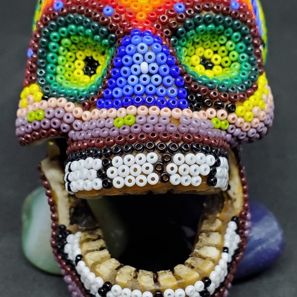 Huichol Beaded Skull on carved fish bone ~ Handcrafted by indigenous artist - Picture 10 of 11